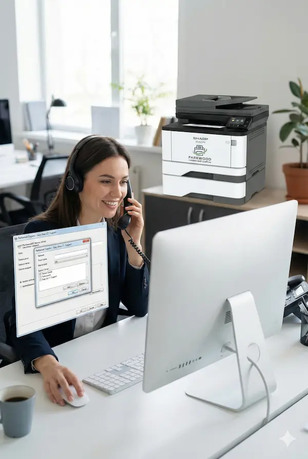 Office employee on the phone receiving friendly technical support from Parkwood Copiers while adjusting Sharp printer driver settings on a computer screen.